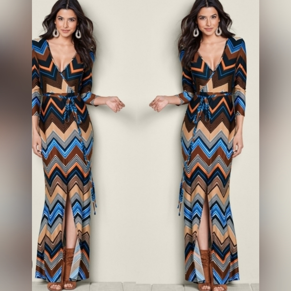 Venus Chevron Bodycon Belted Slit Maxi Dress - Picture 10 of 10